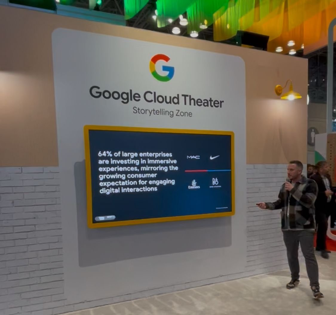 Chris on the Google Cloud Theater stage in front of a slide: 64% of large enterprises are investing in immersive experiences
