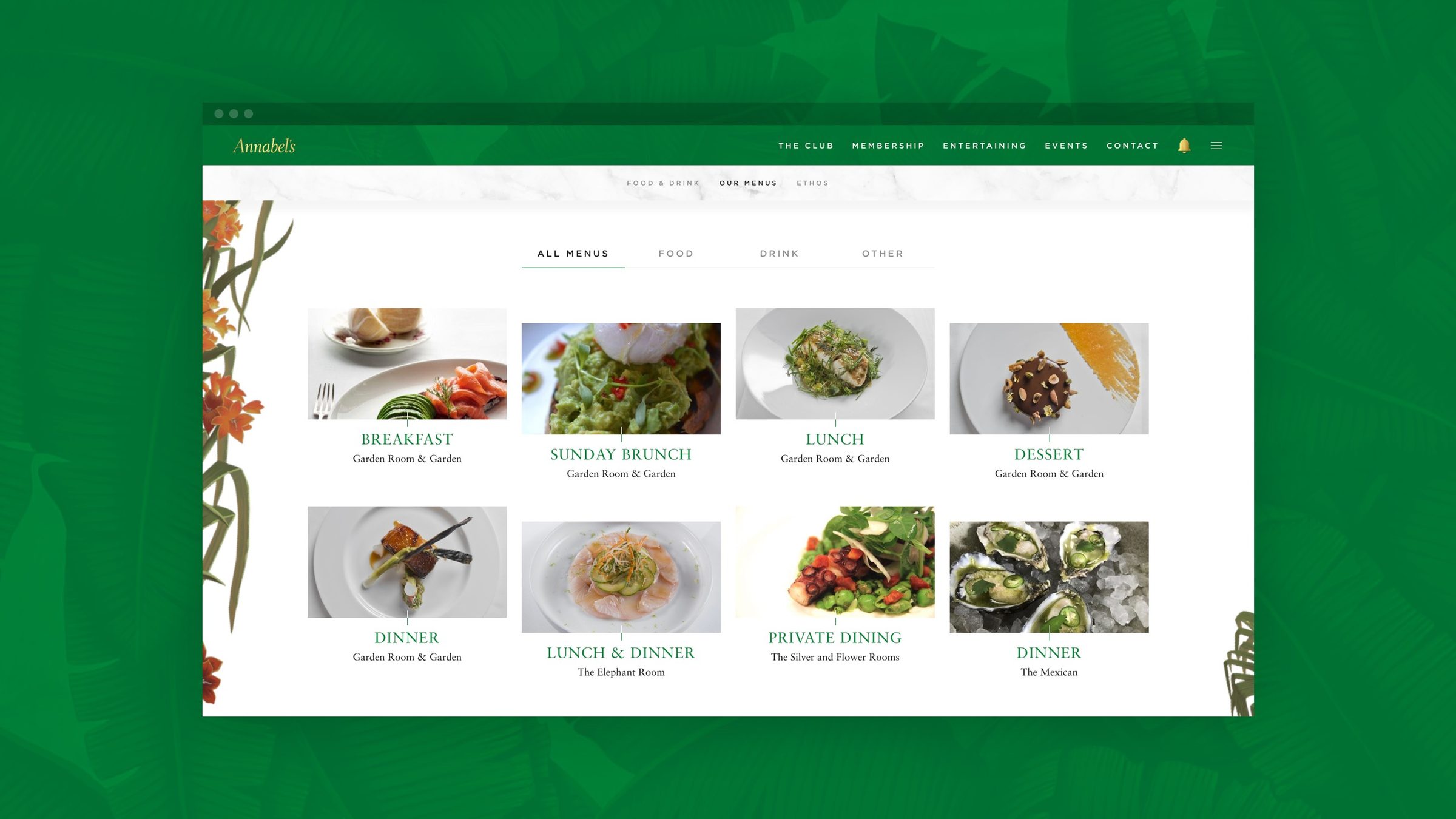 Restaurant menu grid on the Annabel's website