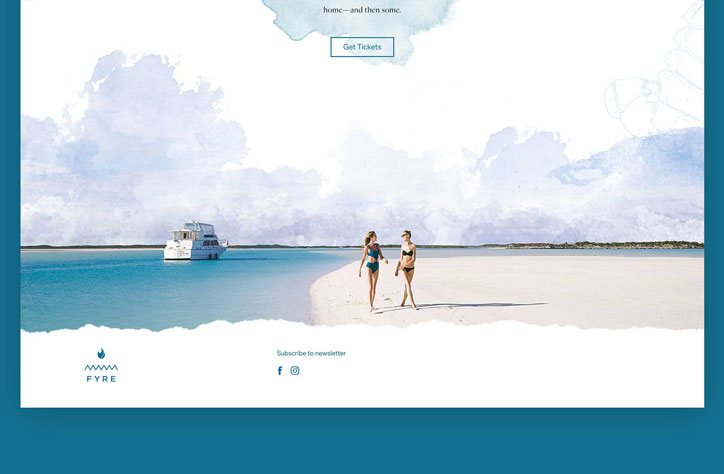 The site footer over a sandbar and a moored yacht