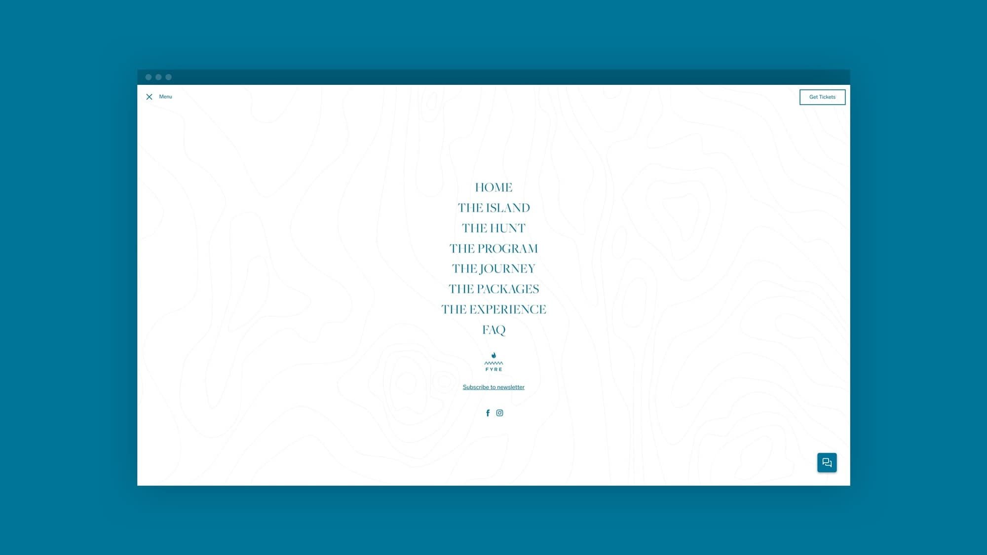 The site menu: Home, The Island, The Hunt, The Program, The Journey, The Packages, The Experience, FAQ